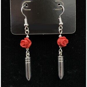 Bullet & Red Rose with Silver Tone Bead Earrings by Neanie-Bot